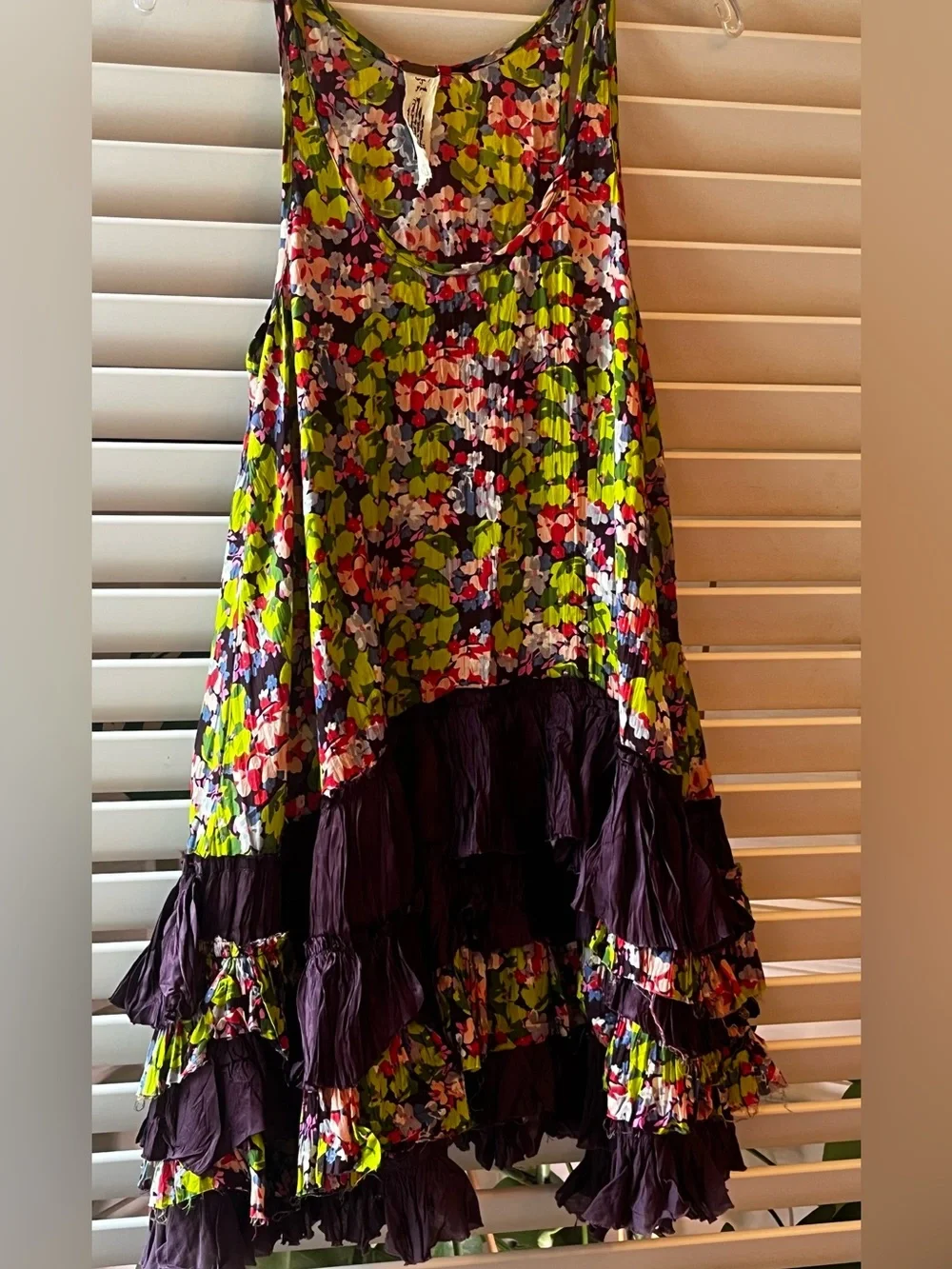 Free People Floral Ruffle Tiered Mini Dress in Purple and Green Multi